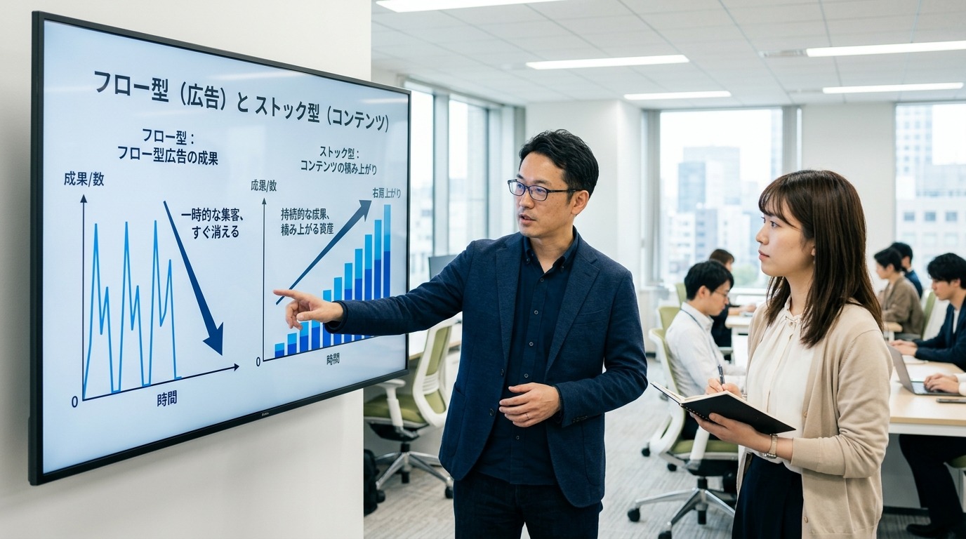 広告は止めるとゼロに戻り、コンテンツは資産として積み上がる対比