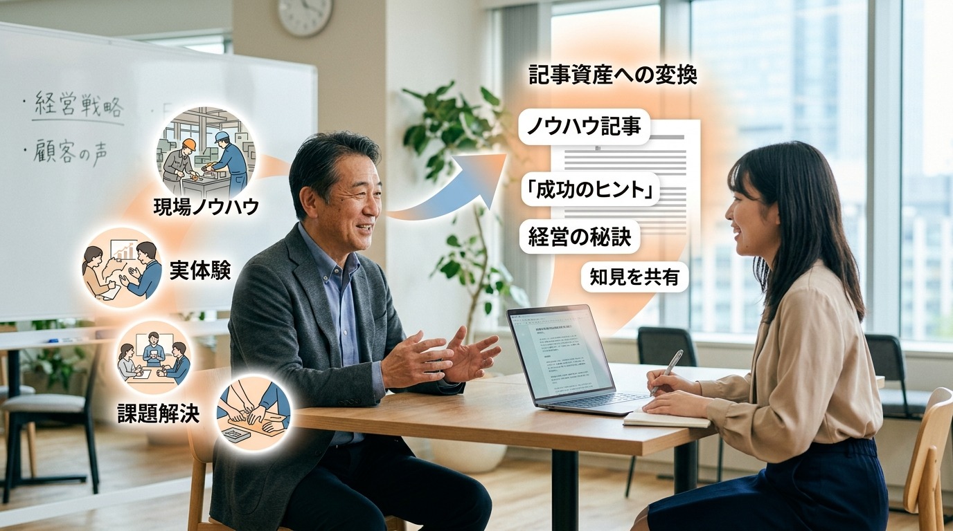 経営者の一次情報が記事という資産に変わるイメージ